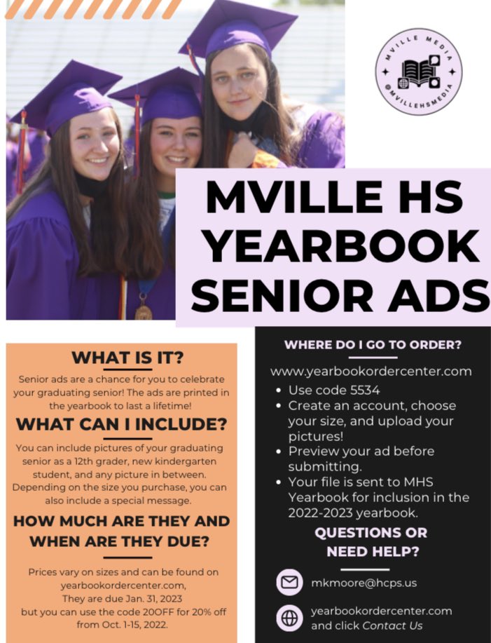 Senior ad ordering is live beginning Sept. 22 on Yearbookordercenter.com. Check out the flyer below for more info. Receive 20% off with the code 20OFF starting on Oct. 1 and ending Oct. 15. Questions? Reach out to adviser Meghan Moore at mkmoore@hcps.us.