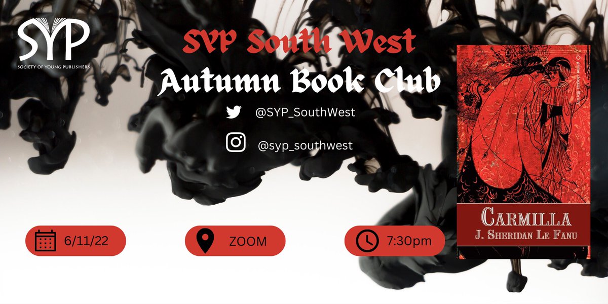 SYP_SouthWest's tweet photo. 🩸🎃Autumn Book Club🎃🩸

You voted &amp; we listened! 

Our Book Club pick for the spooky season is Carmilla by J.Sheridan Le Fanu! 

We’ll be meeting on Zoom on the 6th November to discuss! 

Get your tickets here: https://t.co/aYIx0rDb1S! 

#BookClub https://t.co/9uvVbrSdNC