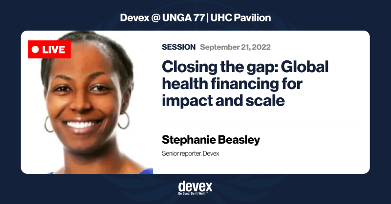 devex's tweet photo. 🔴 LIVE: Join this discussion with Jon Fairest of @sanofi, @AngelaGichaga of @FinancingAllian, @AtokiMories of @abchealthafrica, @NRaoMD of @RockefellerFdn, and @Steph_Beasley of @devex.

#DevexEvent @ #UNGA 77