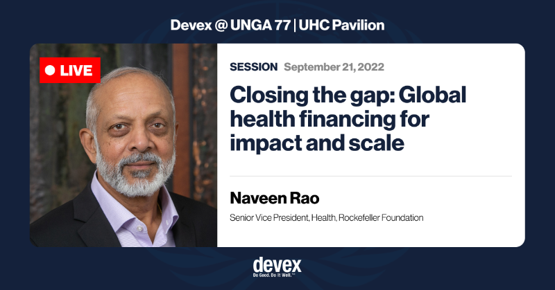 devex's tweet photo. 🔴 LIVE: Join this discussion with Jon Fairest of @sanofi, @AngelaGichaga of @FinancingAllian, @AtokiMories of @abchealthafrica, @NRaoMD of @RockefellerFdn, and @Steph_Beasley of @devex.

#DevexEvent @ #UNGA 77