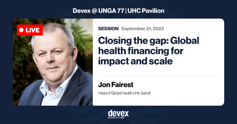 devex's tweet photo. 🔴 LIVE: Join this discussion with Jon Fairest of @sanofi, @AngelaGichaga of @FinancingAllian, @AtokiMories of @abchealthafrica, @NRaoMD of @RockefellerFdn, and @Steph_Beasley of @devex.

#DevexEvent @ #UNGA 77