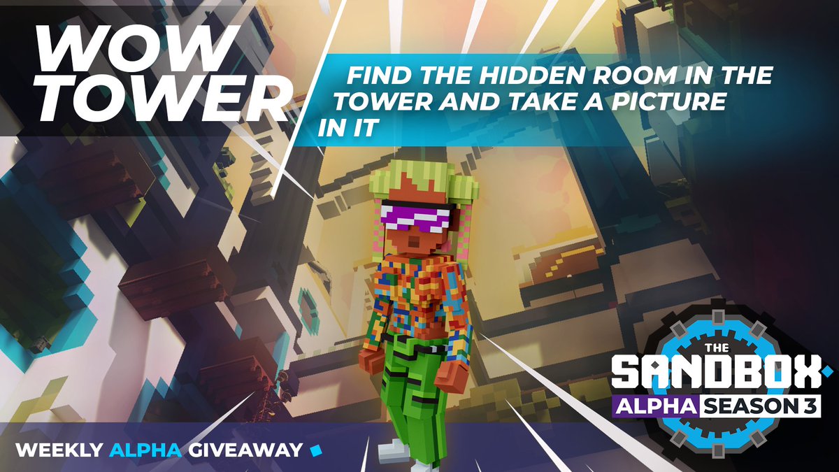 #SandboxAlphaS3Giveaway WEEK#5 🔍 Find the hidden room inside the @worldofwomennft WoW Tower experience and take a picture of your Avatar inside! 🤳 For your chance to win an Alpha Pass - ENTER HERE ⤵️ ️sandbox.game/en/season/cont…