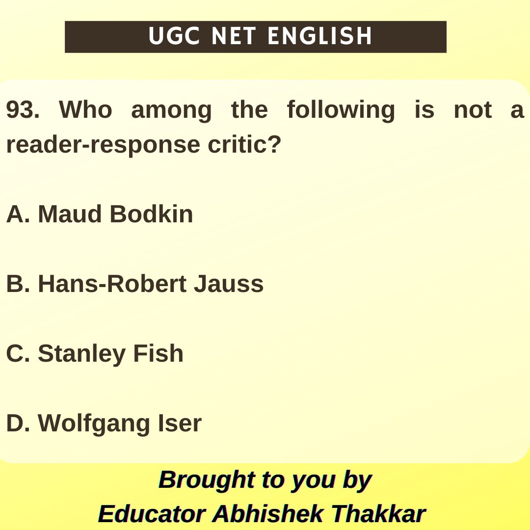 Abhishe77728239's tweet image. Consolidate your preparation for UGC NET English exam by practicing previous years' questions on a daily basis.
Comment your answer below and I will let you know whether it is correct or not.
#ugcnet #ntanet #ugcnetpaper2 #ntanetpaper2 #ugcnetenglish #ntanetenglish