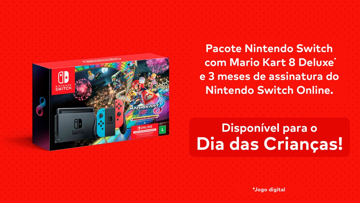 NintendoBrasil's tweet photo. Em breve no Brasil! Vamos colocar um console Nintendo Switch um código de download da versão digital do jogo Mario Kart 8 Deluxe e uma assinatura individual de três meses do Nintendo Switch Online, tudo em um só pacote!
Disponível para o Dia das Crianças! https://t.co/gXgz50xbLM