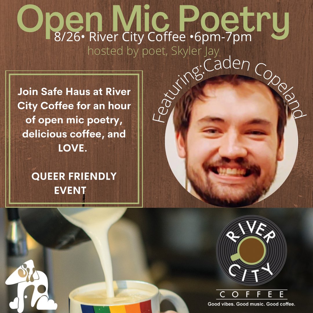 SafeHausAR's tweet photo. MONDAY! At River City Coffee! Open Mic signups at 5:45pm, Open Mic at 6. Feature, Caden Copeland at 6:45pm. Join us for an hour of poetry, good vibes, and yummy coffee! 💗 #SafeHaus #LittleRock #OpenMic https://t.co/W3wL5pvKAj