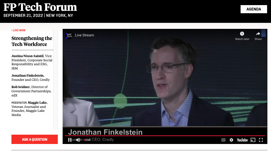ForeignPolicyPR's tweet photo. @JEFinkelstein: Technology is allowing us to measure & record skills at a more granular level, so instead of requiring degrees just because it's the easiest way to go we can actually look at the skills people have and what they mean.
Live now: https://t.co/l5PaOxQPXj
#FPTechForum https://t.co/XVqTW6RIo9