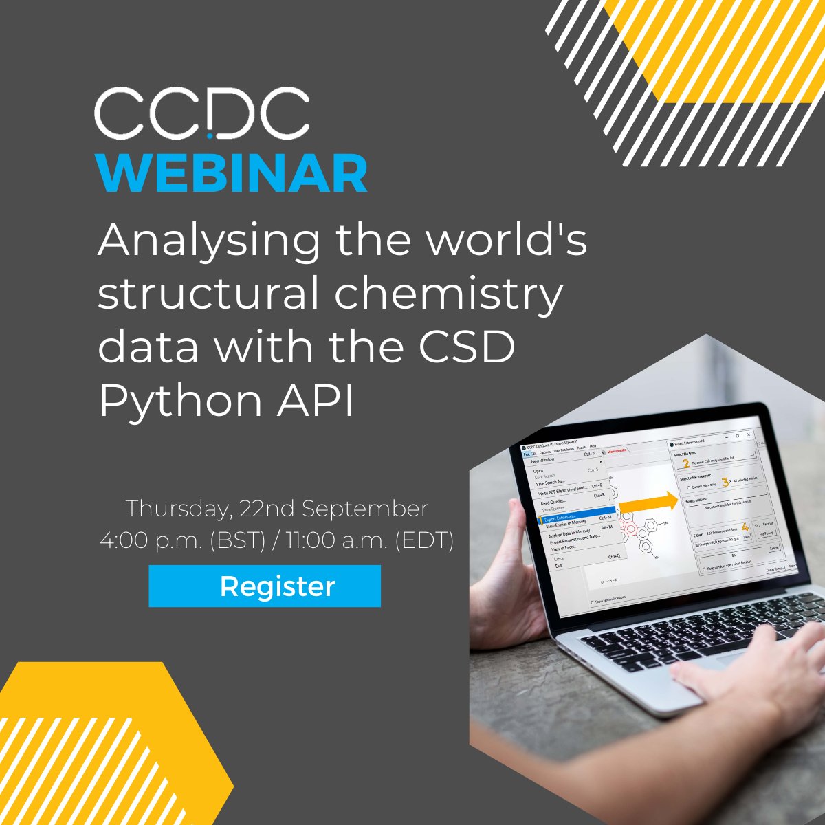 📣Last chance to register for the webinar tomorrow!
Join us to learn top tips on using the CSD-Python API to save you time and get precise and reproducible results.

🔗 hubs.ly/Q01llxwT0

#dataanalytics #Cheminformatics
