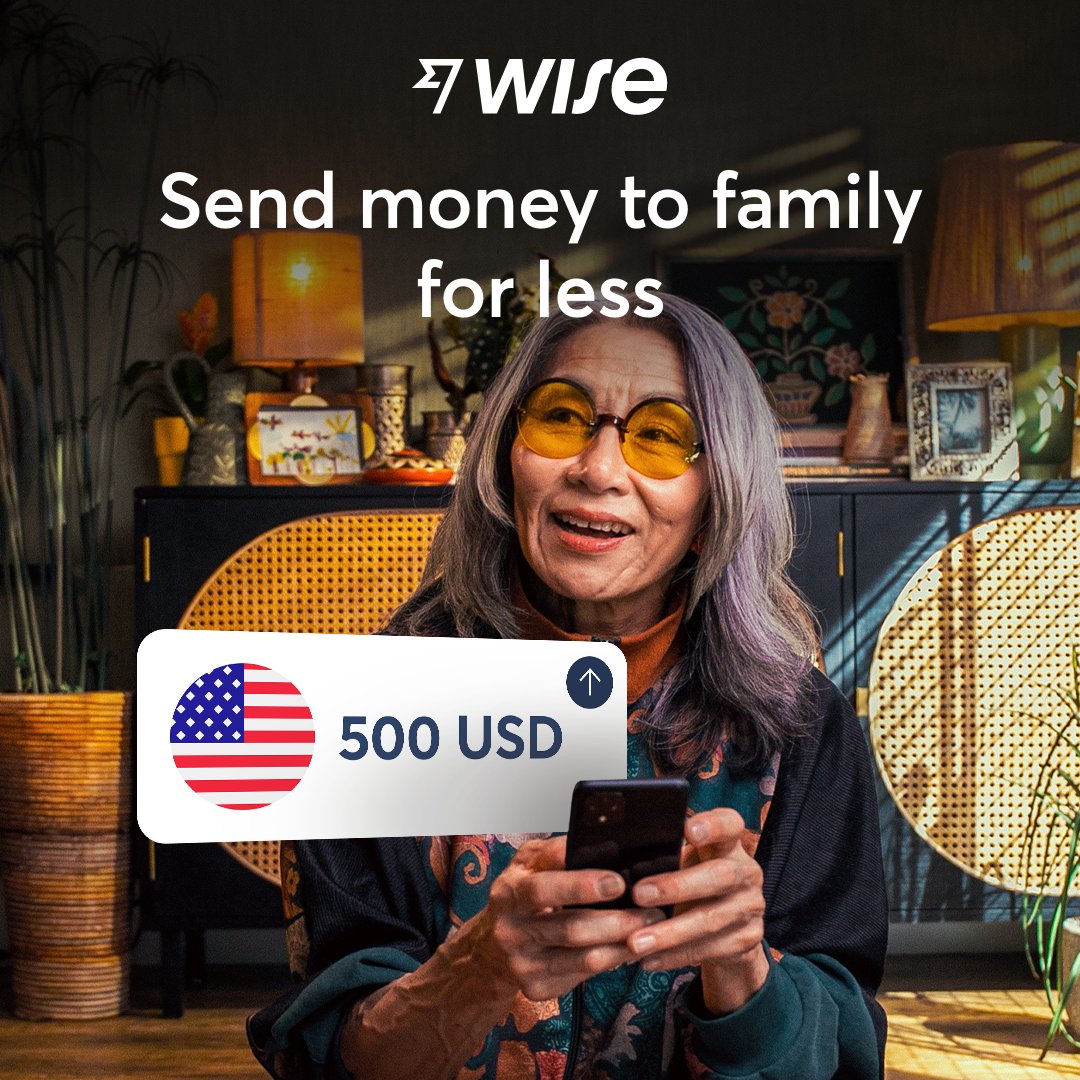 Wise's tweet photo. Sending money to your loved ones? Use Wise. The cheap, fast way to send money abroad.