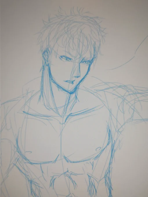 顔とかは後から考えるから仮で適当に描いといてまずはポーズの筋肉の流れを考えてる 