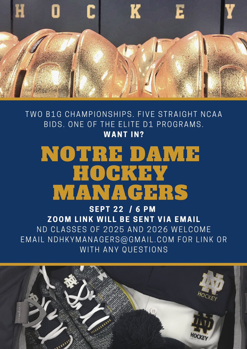 Are you a current ND Student and  interested in joining the Hockey Program as a Student Manager? Let us know and join our Zoom Info meeting Tomorrow!