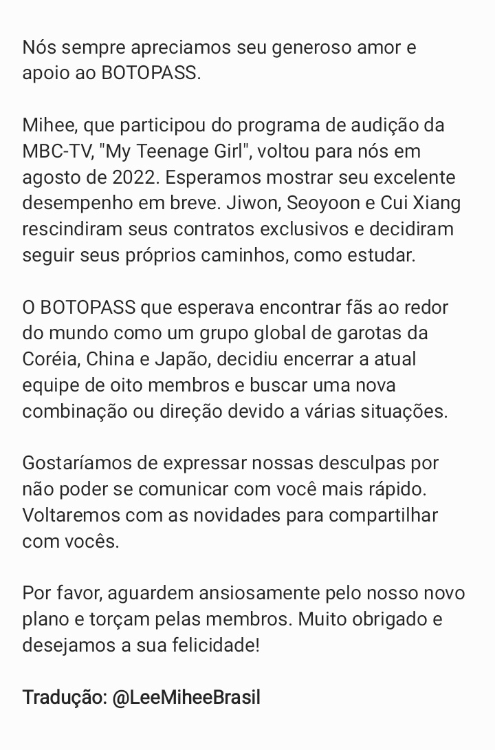 LeeMiheeBrasil's tweet photo. 📝 21.09.22 — Novo comunicado da WKS ENE sobre o futuro do BOTOPASS. 

Jiwon, Seoyoon e Cui Xiang decidiram deixar o grupo.

#BOTOPASS #보토패스 @BOTOPASS https://t.co/55V3aIM9Bl