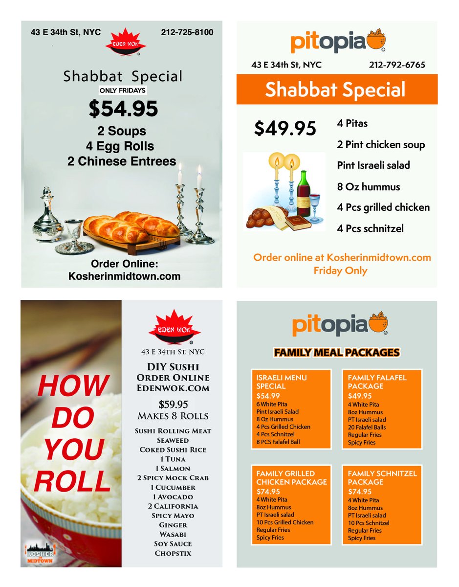 kosherinmidtown's tweet image. SHABBAT SPECIALS! ORDER NOW AT EDENWOK.COM OR PITOPIAUSA.COM

#shabbat #jewish #shabbatspecial #chinesefood #mediterraneanfood #ksoher #koshernyc #kosherrestaurant #nycrestaurant #food #yummy #delicious #tasty
