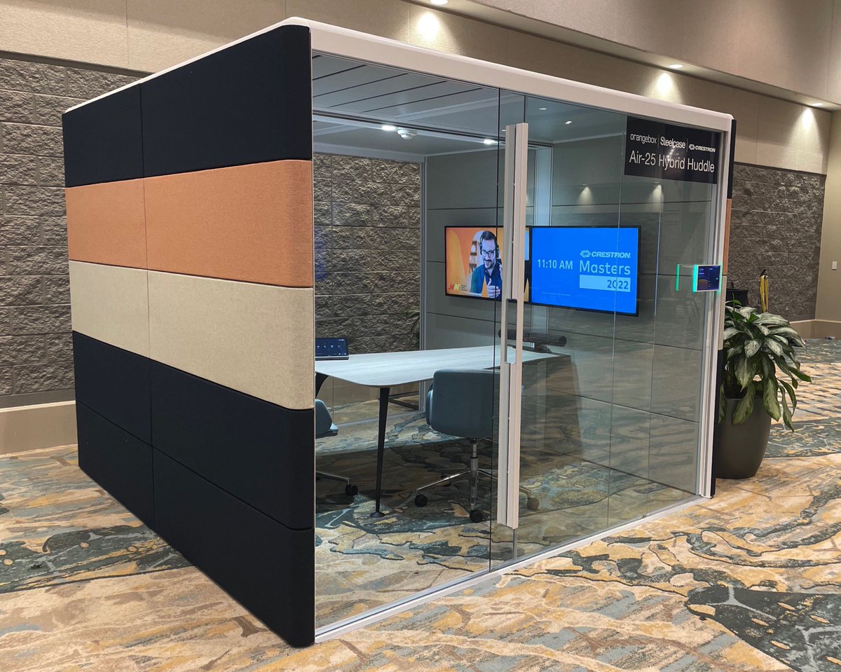 Steelcase's tweet image. We&apos;re excited to be part of Crestron’s #ModernWorkSummit2022 this week. Attendees can experience the Orangebox Air-25 Hybrid Huddle Pod which seamlessly integrates @Crestron technology to create a better hybrid collaboration experience for people on both sides of the camera.