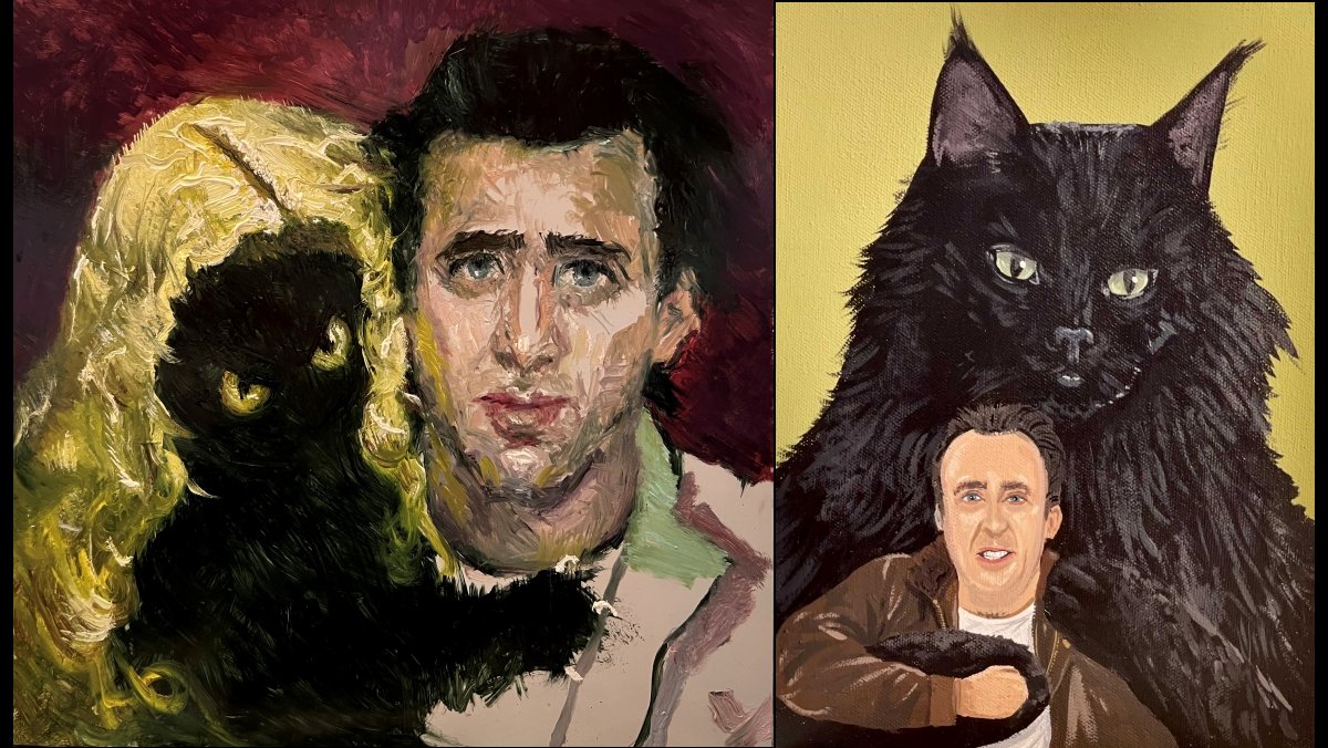 nerdist's tweet photo. Nicolas Cage loves his fluffy black cat named Merlin and now #CatCon will have a whole art show to celebrate that fun fact. https://t.co/CJYWCOMuiS https://t.co/74N8WteHqx