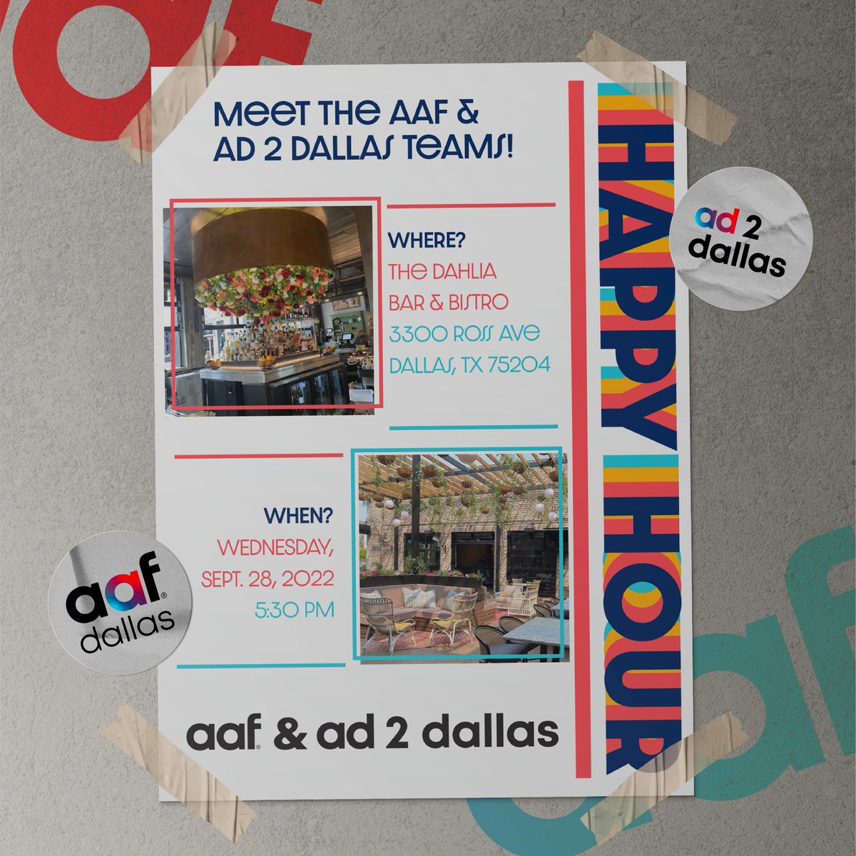 Ad2Dallas's tweet photo. We're back with your regularly scheduled happy hours! ๐ป Get to know AAF & Ad 2 Dallas at Dahlia next weekfor delicious drinks and even better conversations. ๐ค Register at https://t.co/6BdE1pvZnV
#happyhour #whyad2 #ad2dallas #aafdallas #dfw #advertising #marketing #networking https://t.co/7MEwKcjhiI