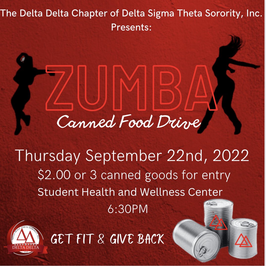 Join members of The Delta Delta Chapter as we host a  Zumba Canned Food Drive this Thursday September 22nd, 2022 <a href="/6/">Adrián Lamo</a>:30pm at the Student Health and Wellness Center. The cost to attend is $2 or 3 canned goods. Canned goods will be donated to First Presbyterian Church. See You There