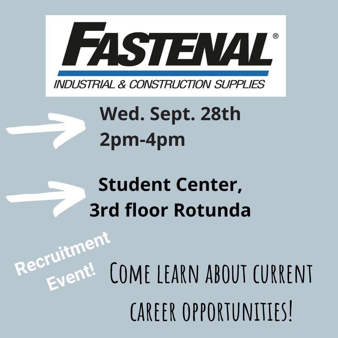 CMUCareerCenter's tweet photo. Mark your calendars for Wednesday, September 28th! #Fastenal will be on campus to visit with @cmuniv students from 2-4 PM in the Student Center! Learn about the organization and the opportunities they offer! #recruitmentevent #midmo https://t.co/45YxpId9Lq