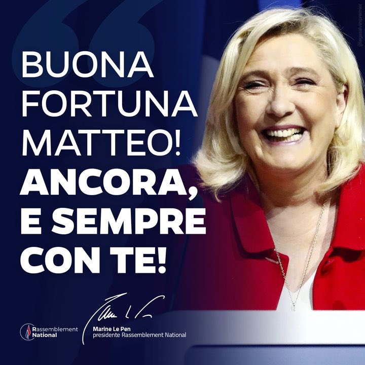 Lega_Ue's tweet photo. 🔵 Il messaggio affettuoso di Marine Le Pen a Matteo #Salvini 

#domenicavotoLega, io ci #Credo! https://t.co/Q9c36smsAu