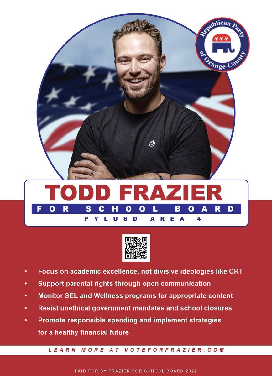 Frazier4PYLUSD's tweet photo. I am excited to be running for School Board Trustee in PYLUSD area 4. Getting the focus BACK to traditional education, keeping divisive ideologies out of the classroom and supporting parental rights. 😁🙌🇺🇸 https://t.co/p3ETXtovuL