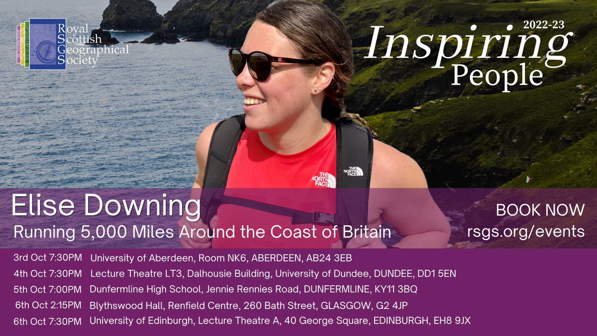 RoyalScotGeoSoc's tweet photo. In two weeks, runner Elise Downing will recount her feat of running 5,000 miles around the coast of Britain, becoming the first woman and youngest person to run a lap of the country self-supported!
Book now: https://t.co/YZl2ZIvNkZ

#InspiringWomen #InspiringPeople https://t.co/oH3wWxOqe8
