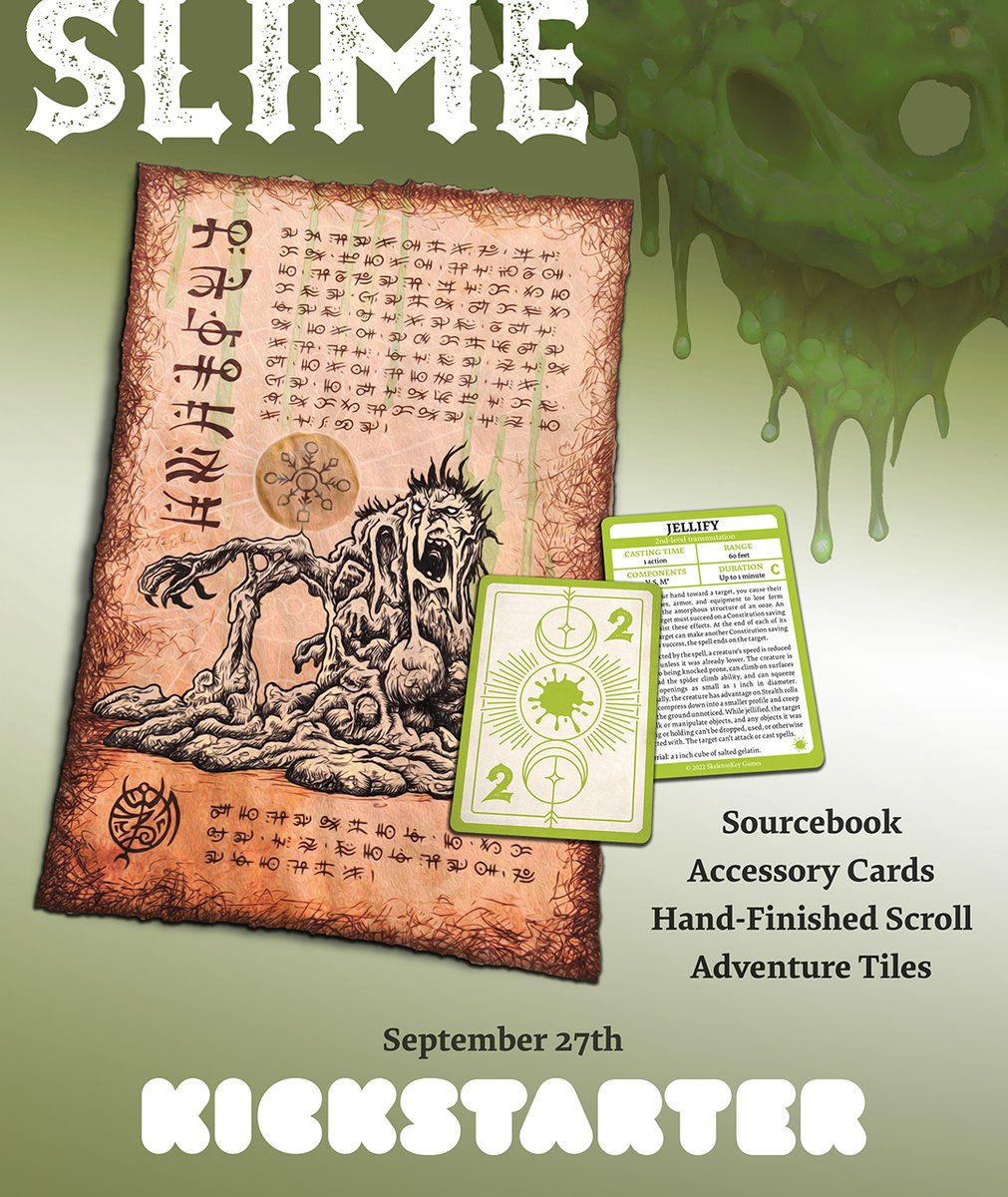 SKGames's tweet photo. The SLIME Kickstarter is bringing a fun and gooey sourcebook to your tabletop along with accessories like spell cards, Dossier Deck cards, Arcane Scrollworks scrolls, and new Adventure Tiles.
https://t.co/z7W1IcHjTb
#dnd5e #ttrpg #dungeonsanddragons https://t.co/rWwB8sxXQ0
