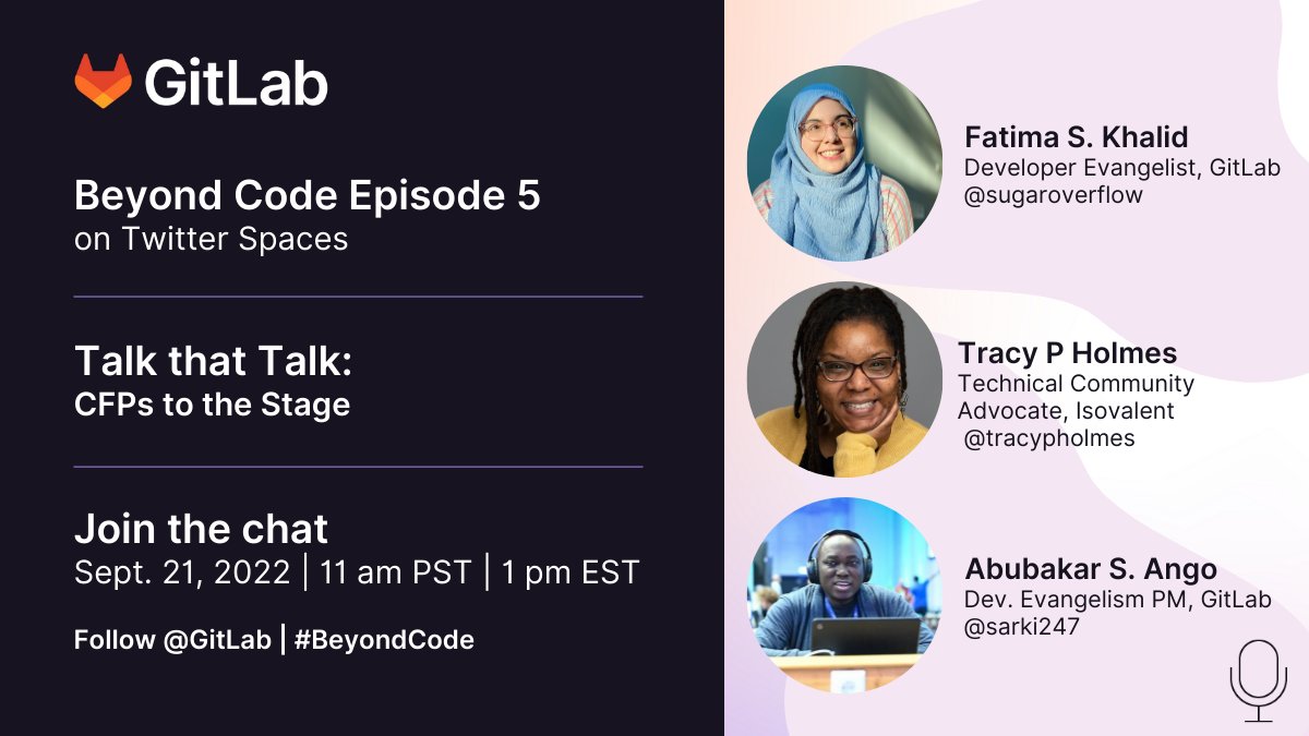 Today's #BeyondCode @TwitterSpaces panel have a ton of experience preparing for conferences and talks. Hear from <a href="/tracypholmes/">miss tracy h. | bsky.app/profile/tracypholmes.com</a>, <a href="/sarki247/">Abubakar Siddiq Ango</a> and <a href="/sugaroverflow/">Fatima ✨</a> today at 1 pm ET. Bring your questions. 

⏰ And set your reminder here. Talk soon! bit.ly/3dxk5xC