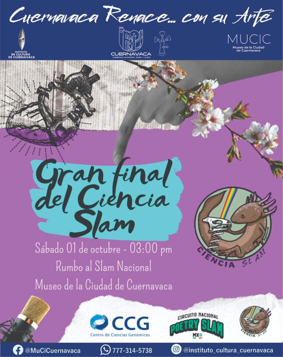 CienciaSlam's tweet photo. 🐼illa, con mucha alegría les compartimos que estamos listos para nuestra gran final, rumbo al Slam Nacional del Circuito Nacional Poetry Slam MX
Nos vemos el sábado 01 de octubre en el Instituto de Cultura de Cuernavaca - #MUCIC a las 03:00 pm.
3, 2, 1... Ciencia Slam! https://t.co/ozqu05rBrm