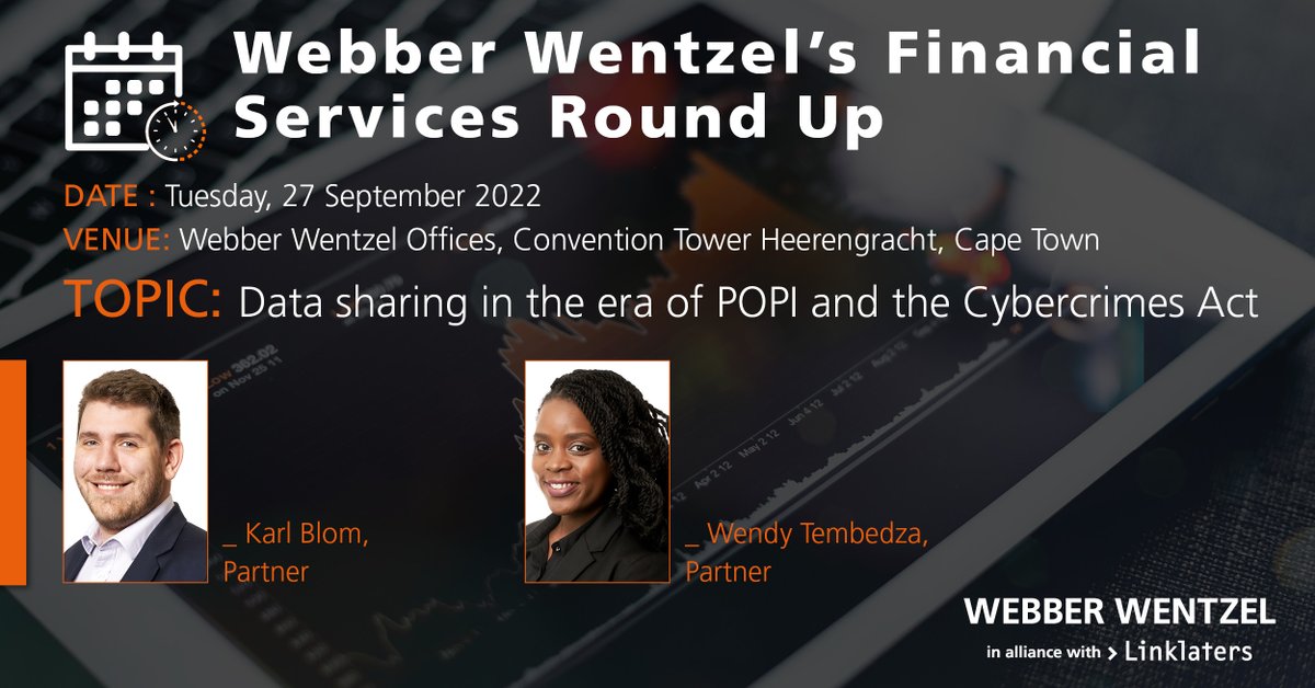 webberwentzel's tweet photo. Webber Wentzel partners @KarlAndreBlom &amp; @Wendy_TMT will present Data sharing in the era of #POPI and the #CybercrimesAct at Webber Wentzel's Financial Services Round up, which will take place on 27 September 2022.

🔗 https://t.co/TCbSk5UXTV

#FinancialServices #WWEvents https://t.co/FVJpuiVZqA
