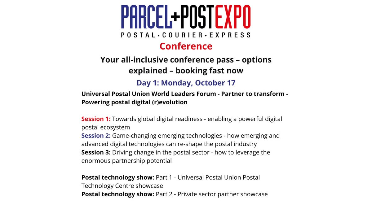 ParcelPostExpo's tweet photo. #ParcelPostEXPO #Conference: Your all-inclusive conference pass – booking fast now! Check out the graphics to learn more - part 1 of 4 🧵! 

Book your conference pass (early booking rate applies): https://t.co/5VjWbsaZ4X https://t.co/bOuKWBU2CH