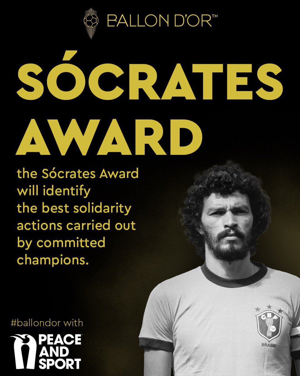 Great news on the International Day of Peace, Ballon D’Or will now have the Socrates Award, a special Award Category dedicated to the best solidarity actions in sports. Stay tuned!
Well done <a href="/peaceandsport/">Peace and Sport</a>!
#bepartofwhatmatters #jointhejourney #ballondor <a href="/lequipe/">L'Équipe</a>  @francefootball