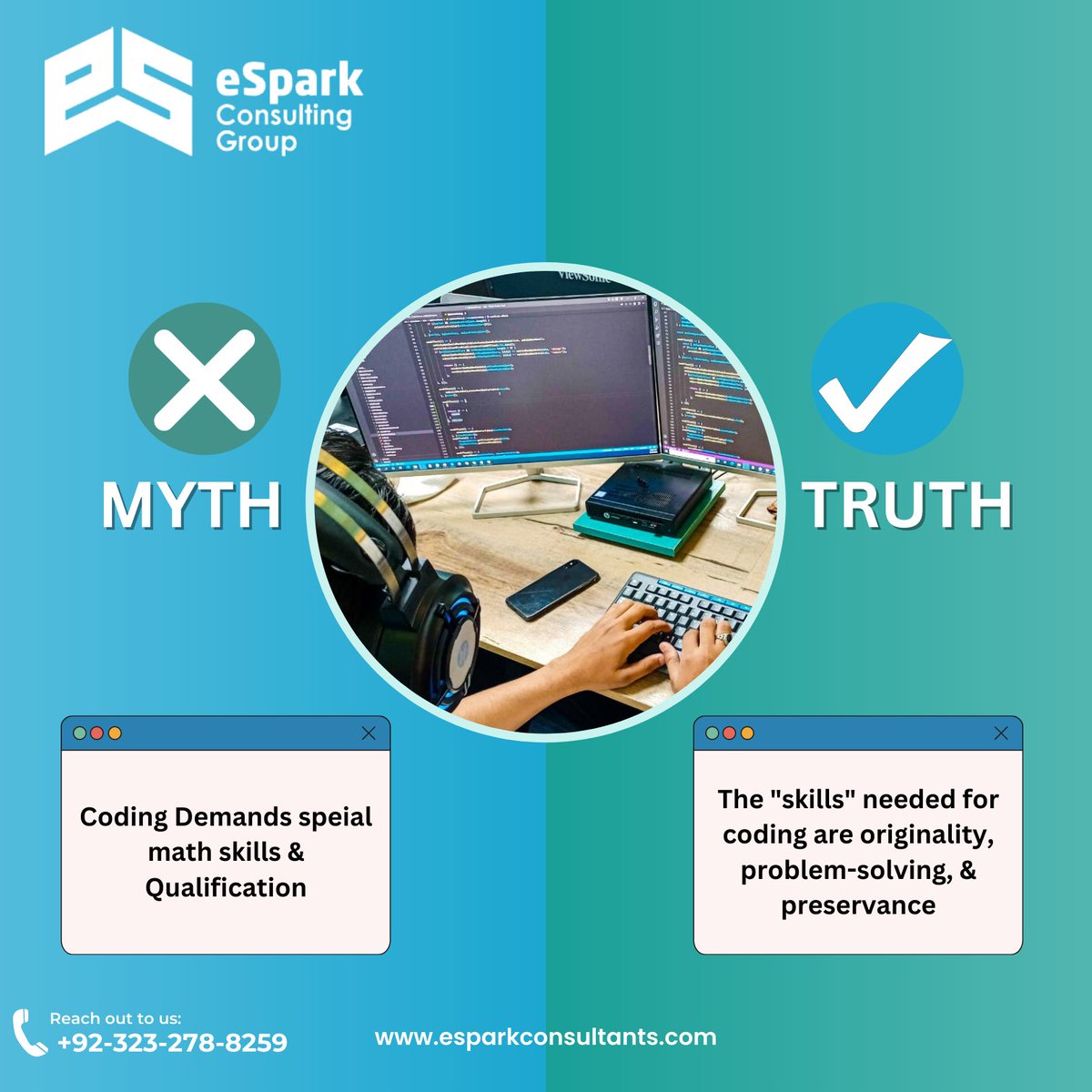eSparkConsGroup's tweet photo. There are a million and one myths about coding and coders that make people hesitant to pursue it as a skill.
There are too many people who have been discouraged from pursuing a career in coding by myths like "You need to be a math whiz" and "I'm too old to learn to code." https://t.co/abwBnADhxb
