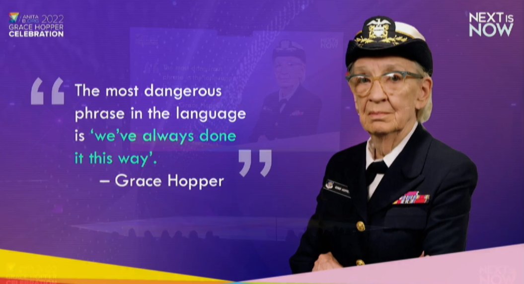 'The most dangerous phrase in the language is 'we've always done it this way'.' - Grace Hopper
So excited for the #GHC22 opening keynote!!! #NextIsNow 
#AnitaBorg #AnitaBorgOrg #GraceHopperCelebration #GraceHopper #GHC #GHC2022 #WomenInTech #InclusiveTech #Microsoft #VirtualGHC