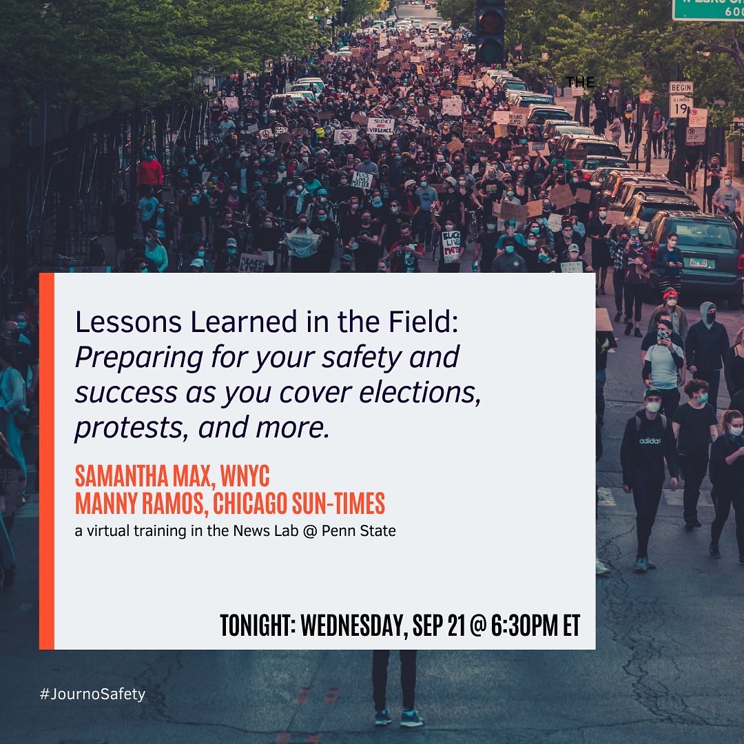 🚨Tonight — a special training for <a href="/PSUBellisario/">Penn State Bellisario College</a> student journos with <a href="/samanthaellimax/">Samantha Max</a> of <a href="/WNYC/">WNYC 🎙</a> and <a href="/_ManuelRamos_/">Manny Ramos</a> of the <a href="/Suntimes/">Chicago Sun-Times</a>. Register in advance to attend via Zoom. Link in bio. 📷🎤📹📝💻