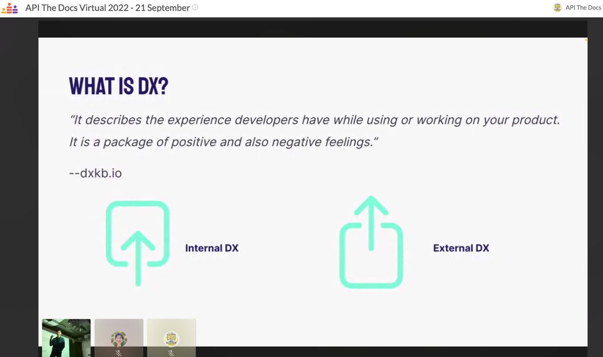 "#DeveloperExperience describes the experience #developers have while using or working on your product. It's a package of positive and also negative feelings". Josef Zeman (<a href="/DX_Heroes/">DX Heroes</a>) at #APItheDocs 2022 Virtual