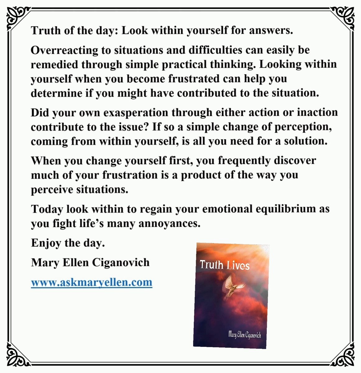 askmaryellen's tweet photo. Truth of the day: Look within yourself for answers. #askmaryellen #ThursdaysTruth #Truthoftheday #mindfulnesscoach #Truthteacher #lookwithin #Godiswithin #answersarewithinyou #TruthLives https://t.co/O5zd8WfXNe https://t.co/I8qGwDJh9u