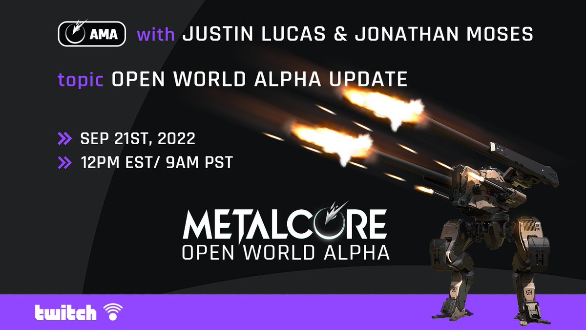 playmetalcore's tweet photo. 🚨 AMA in ⏰45 MINUTES!

👀 Don't miss this #Twitch AMA, we're talkin' Open World Alpha.

▶️ Wed. Sep.21
▶️ 12PM EST (9AM PST)
▶️ https://t.co/q9j8qR5JZX

▶️ Featuring:
@jlmetalcore
@mrjonathanmoses

#PlayMetalCore https://t.co/Jo4HrzLXbv