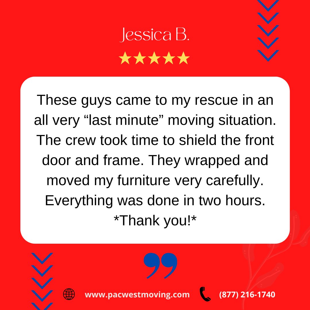⭐ Customer Feedback ⭐

Another happy customer review!😍

Thanks, Jessica, for your review and for choosing PacWest to handle your last-minute moving needs.

Get in touch with us at:

☎️ 877-216-1740
🌐 pacwestmoving.com