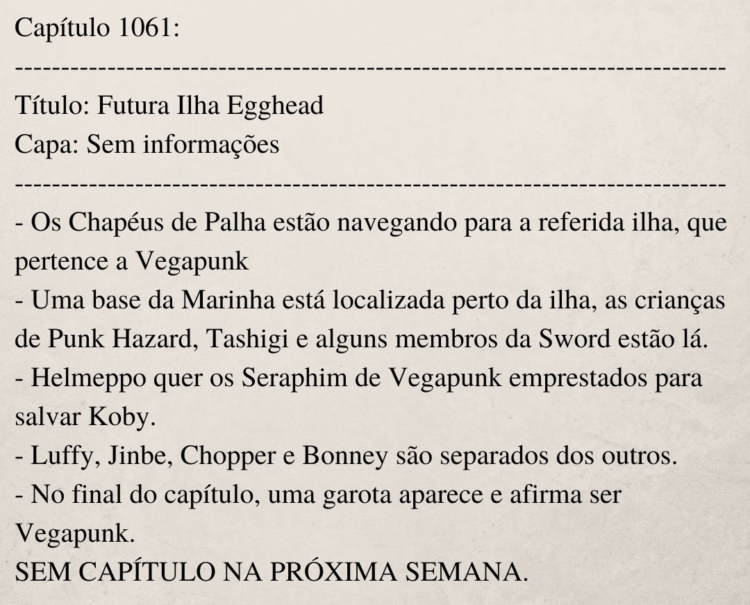 wandersocurioso's tweet photo. #ONEPIECE1061
🚨 SPOILERS INICIAIS DO CAPÍTULO 1061 DE ONE PIECE!

O Oda não cansa de vir com bomba? https://t.co/PxphxWQDQF