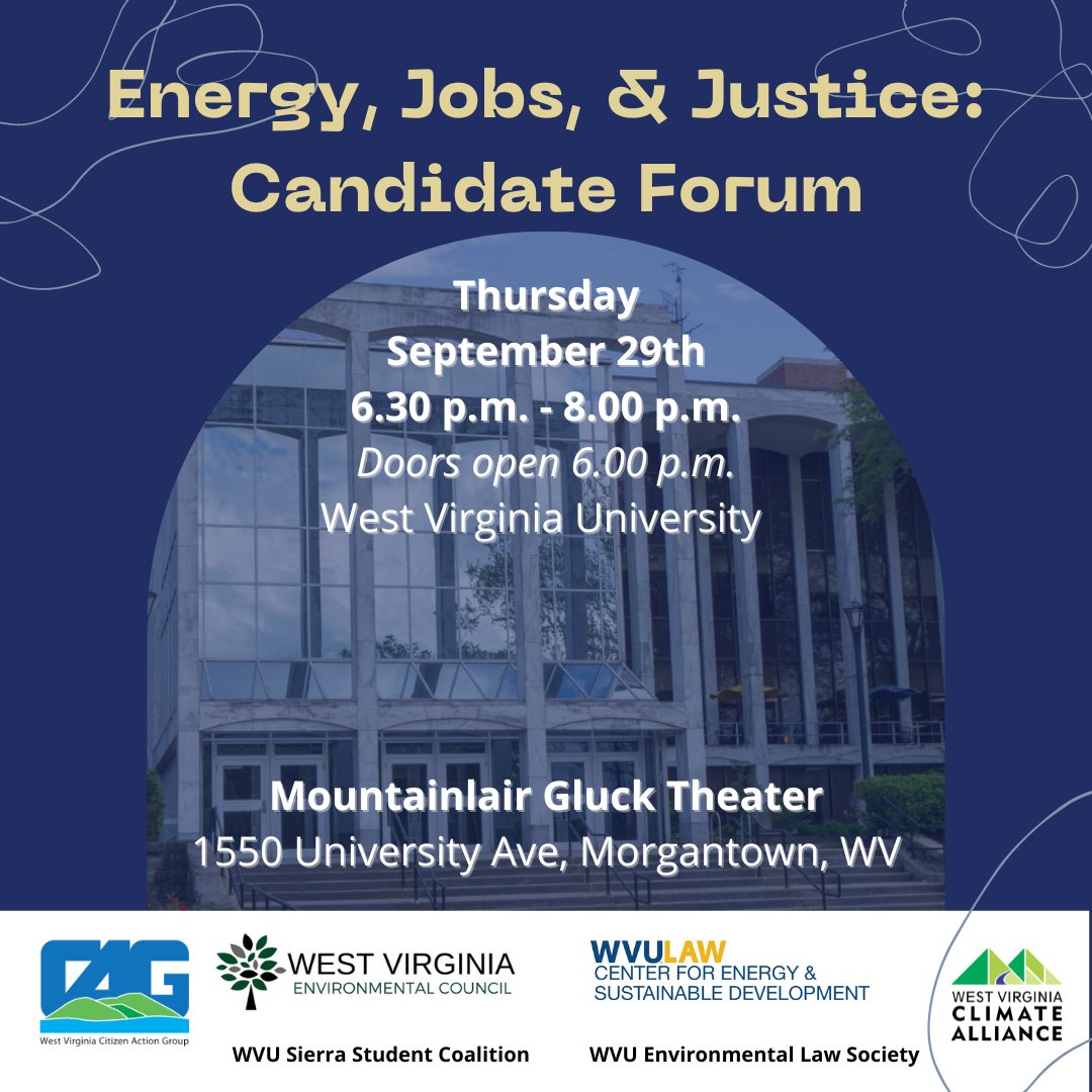 Calling folks in Morgantown! Come out Thursday, September 29th at 6:30pm to hear candidates discuss the future of WV energy, jobs, &amp; justice with a climate change focus. Doors open at 6pm at the <a href="/WestVirginiaU/">WVU Mountaineers · Let’s Go!</a> Gluck Theater. Register &amp; submit questions: tinyurl.com/MorgantownCand…
