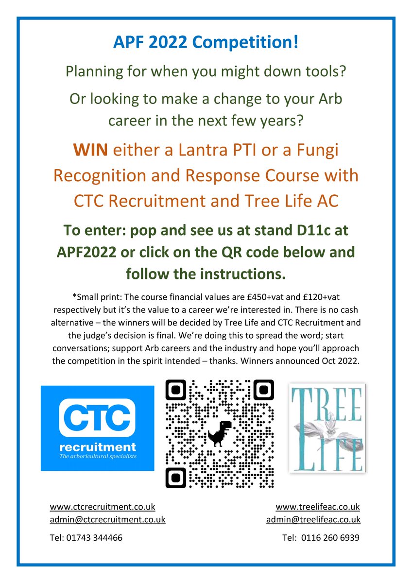 We’ll be at @APFExhibition tomorrow until the 24th with CTC Recruitment, Stand D11c – come and have a chat with Keely, or enter CTC’s competition to win a Fungi or PTI course with us!
#APF #APF2022 #TheArbShow @ArbAssociation