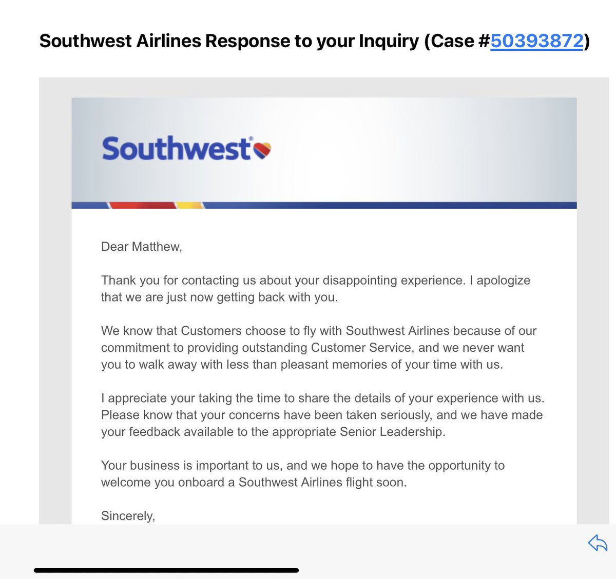 Wow <a href="/SouthwestAir/">Southwest Airlines</a>…2 months for a canned, BS response like this…why even bother…I actually would have forgot I complained at this point but seeing this just annoys me that much more all over again!