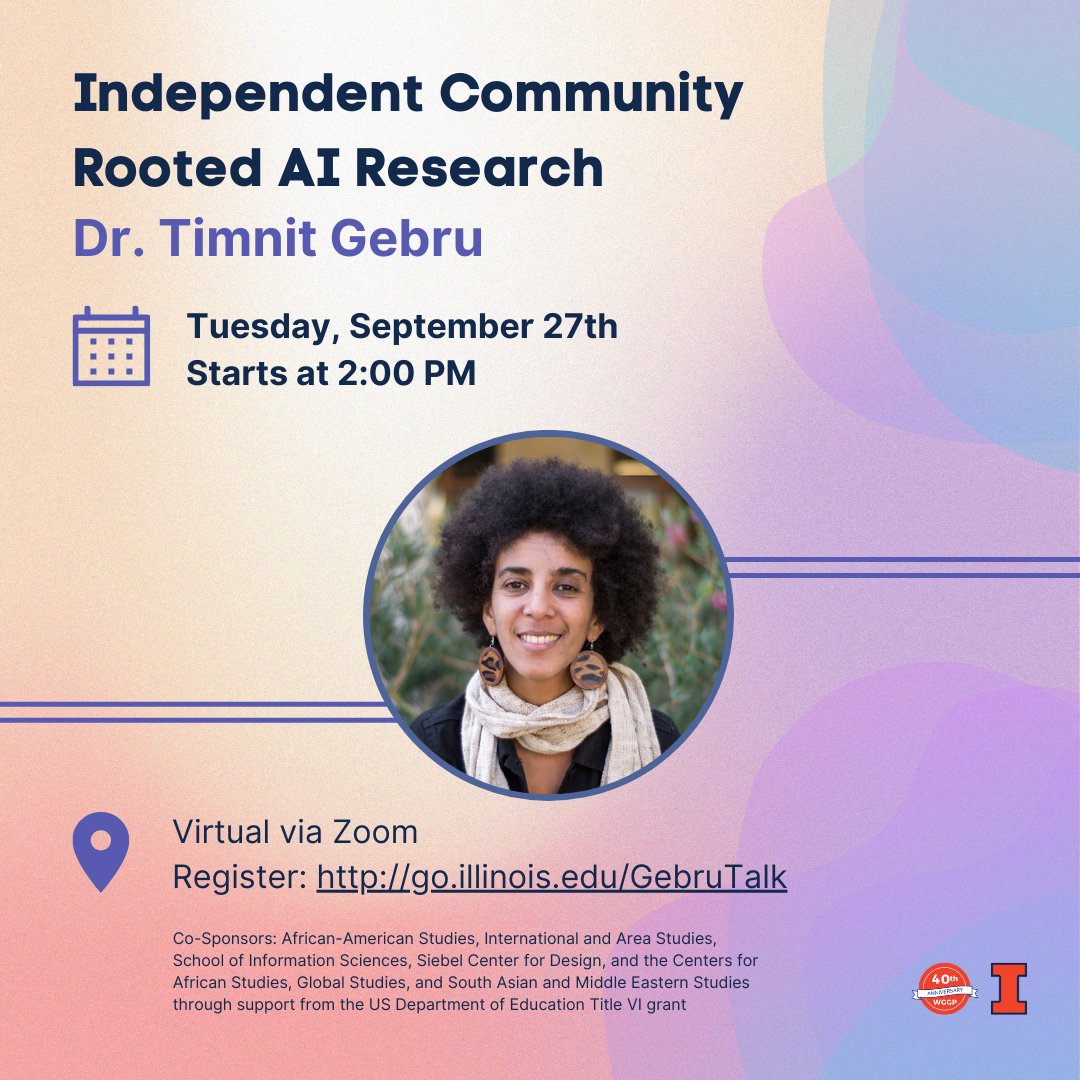 Join #WGGPIllinois today in welcoming Dr. Timnit Gebru for "Independent Community Rooted AI Research" on Zoom.

We look forward to seeing you on Zoom at 2:00 PM!