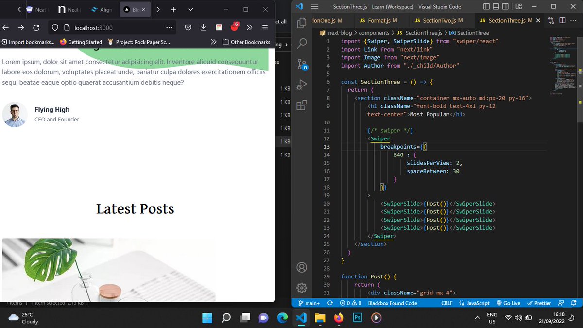 SadiqBily's tweet image. Day 4
#100daysofcode
I completed the #nextjs blog tutorial. Played around with #SwiperJs and #SWR. Tailwind is really growing on me. After almost always using vanilla css, not having to switch tabs to see my css is refreshing. Fun project