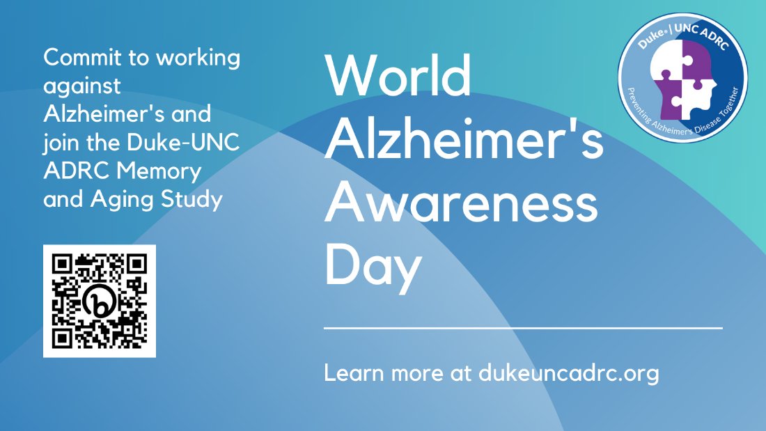 UNCGeriatrics's tweet photo. Today (Sept 21) is World #Alzheimers Awareness Day. Please take some time to learn more about the @Duke_UNC_ADRC (an @NIH designated Center of Excellence). Or join our study!
https://t.co/Pl6BVJZOCJ
@UNCGeriatrics #aging #geriatrics https://t.co/ydYLK8qd3P