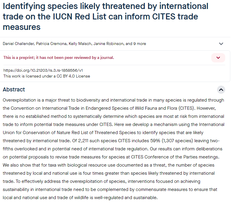 DanChallender's tweet photo. New paper. Identifying species likely threatened by international trade on the @IUCNRedList can inform CITES trade measures. Currently a pre-print (so provisional &amp; not yet peer-reviewed), but available here https://t.co/41XV3uJPFr. A🧵1/n. @CITESat50 @TrishCremona @MrsRachHoff https://t.co/iDf0iY55TF