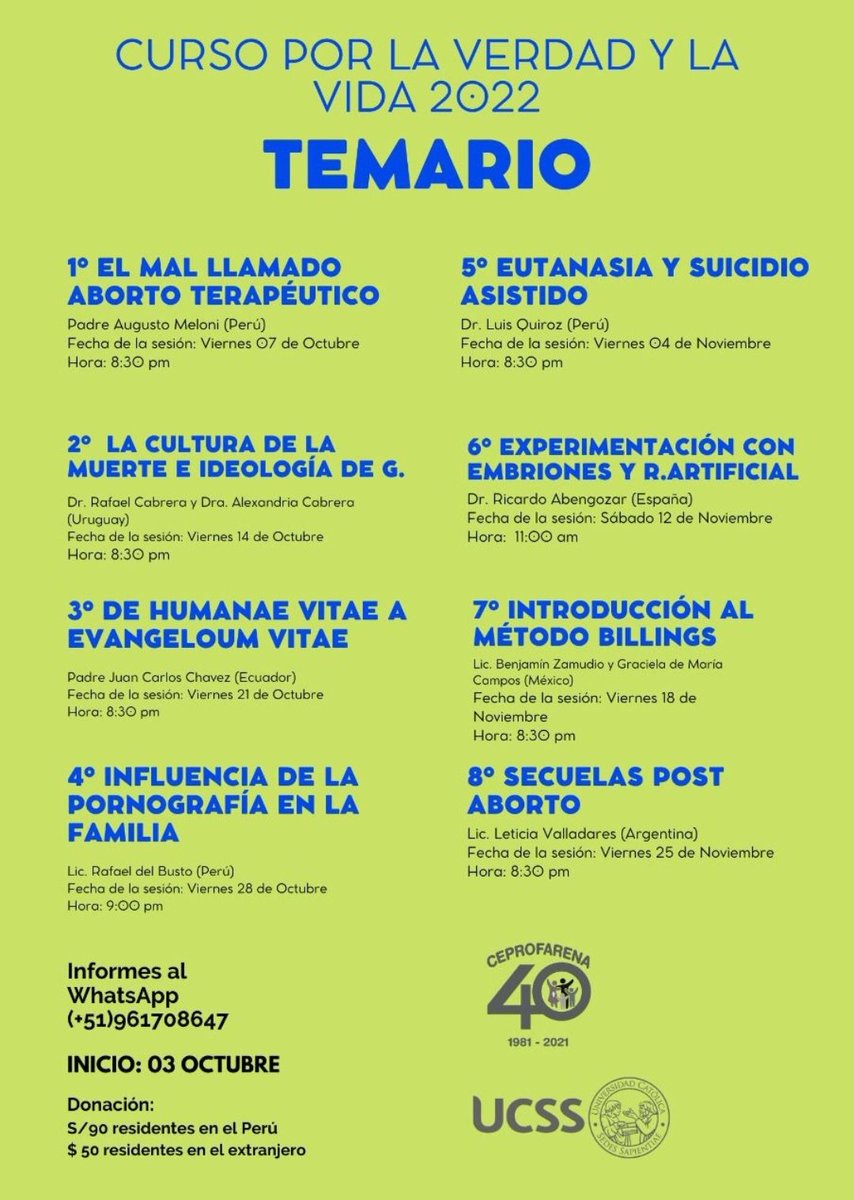 ceprofarena's tweet photo. Curso On Line
POR LA VERDAD Y LA VIDA
Inicia lunes 3 Oct

Inform https://t.co/QccVxuG6AJ
Inscrip https://t.co/cC0HK8k3fm
WhatsApp 
+51 961 708 647
Auspician
•UCSS (Univ. Católica Sede Sapientiae)
•HLI (Vida Humana Internacional)
Organiza
CEPROFARENA
#curso
#ProVida
#Ceprofarena https://t.co/pSlXO1hZfE