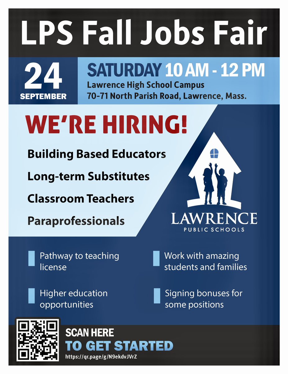Come by <a href="/Lawrence_LHS/">Lawrence HS Campus</a> this Saturday morning to see the opportunities available!

Walk-ins welcome, or register now for an on-the-spot interview at bit.ly/3faljiv