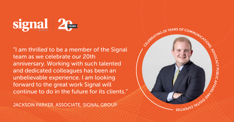 signalgroupdc's tweet photo. As Signal celebrates its 20th anniversary, our team will share our perspectives on the company's two decades of serving clients. Associate of Communications Jackson Parker shares his thoughts on #Signal20: