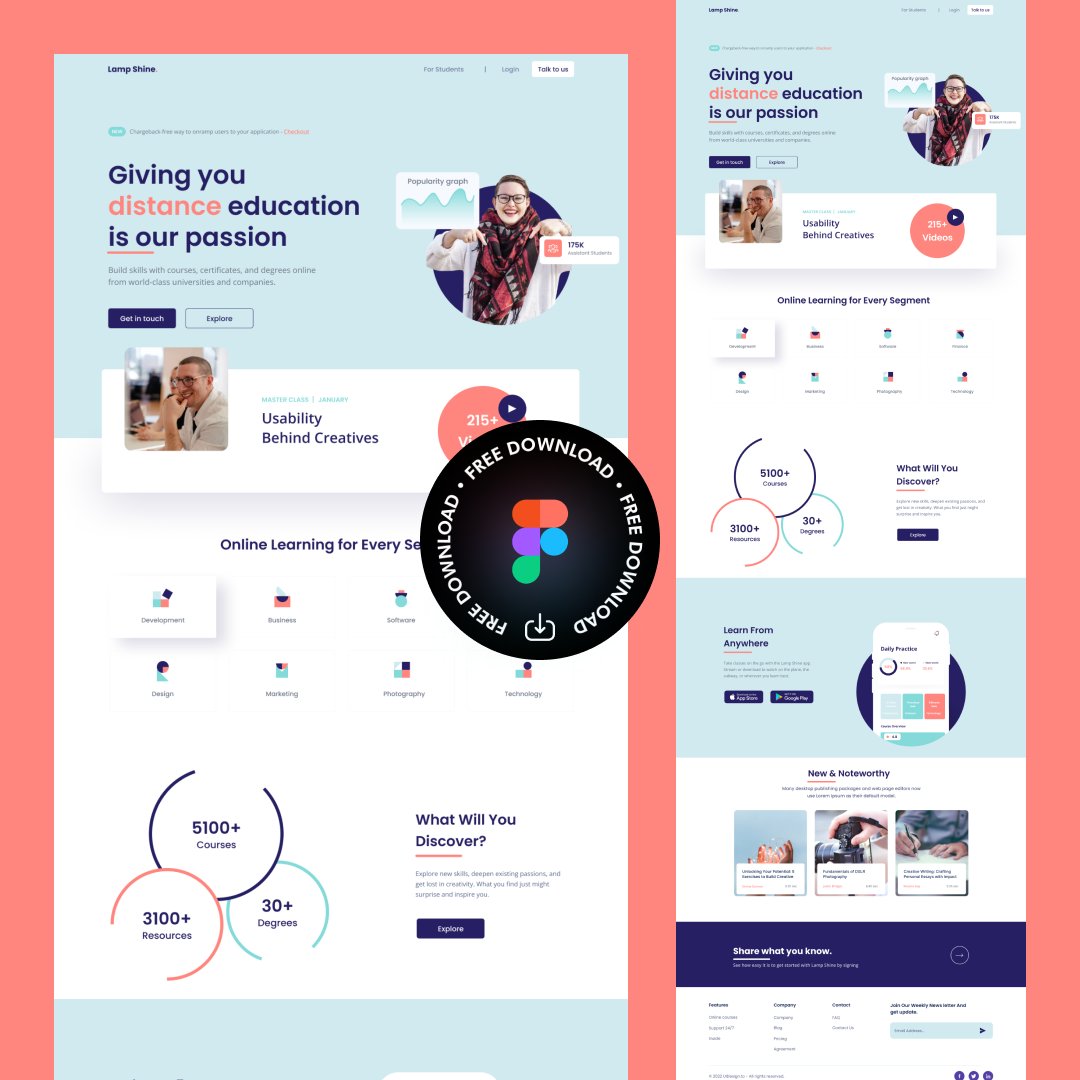 FREE DOWNLOAD 🔥🔥🔥
Elearning Website Template Lamp Shine
🔵 uidesign.to

#ui #uiux #uidesign #uitrends #uiuxdesign #ux #uxui #uxdesign #design #trending #websitedesign #figma #dribbble #behance #productdesign #mobiledesign #webdesign #website #adobe #free