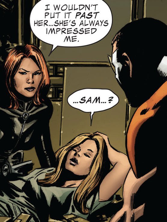 “Sharon did all this?”
“I wouldn’t put it past her… she’s always impressed me.”

Natasha &amp; Sharon with Sam Wilson in Captain America vol 5 #42